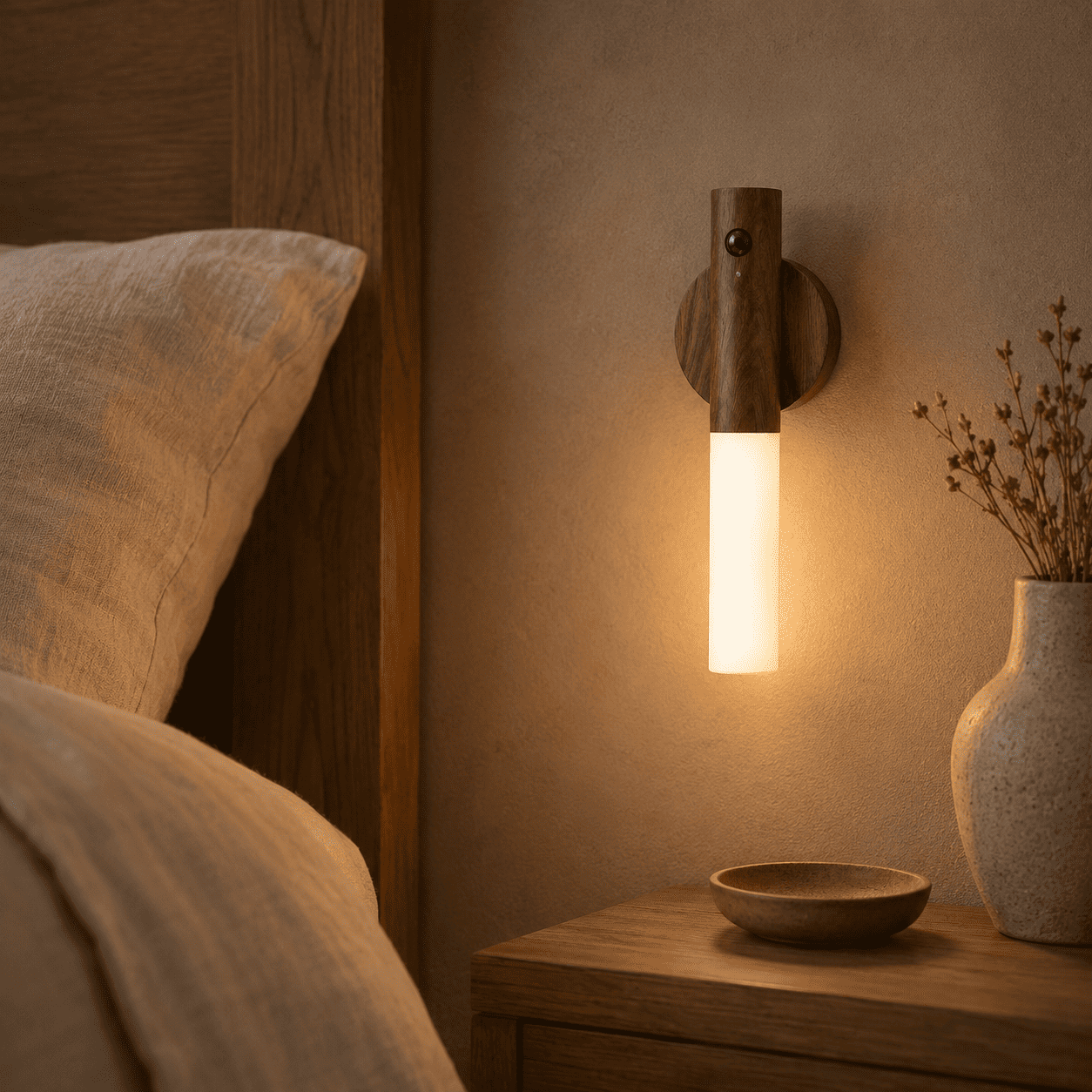 LED Nachttischlampe Holz – Bewegungsmelder, Kabellos, Magnetisch, Walnuss oder Esche, 3 Modi