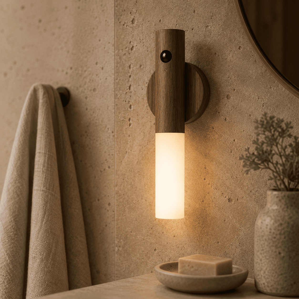 LED Nachttischlampe Holz – Bewegungsmelder, Kabellos, Magnetisch, Walnuss oder Esche, 3 Modi